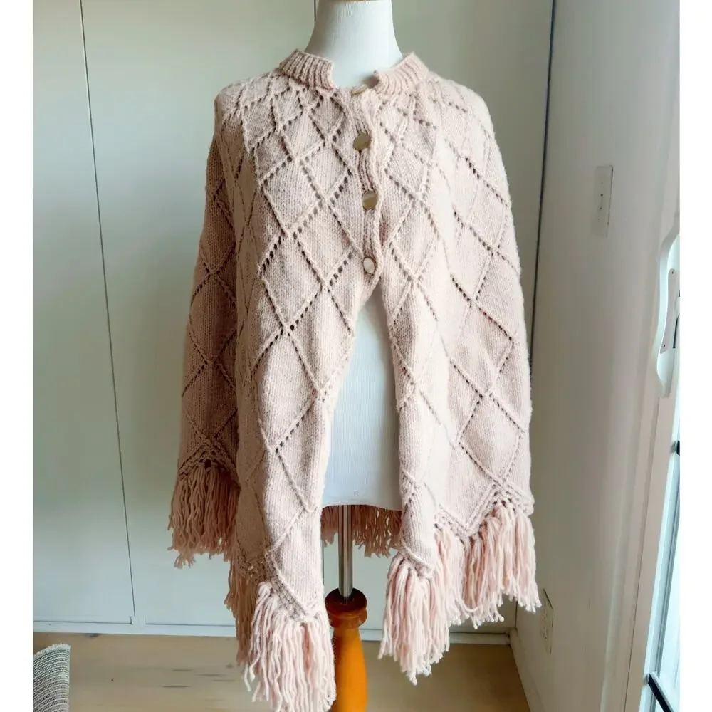 Vintage Hand Knit Poncho in Blush Pink S-L Fit Boho hippie Artisan Fringe Shawl